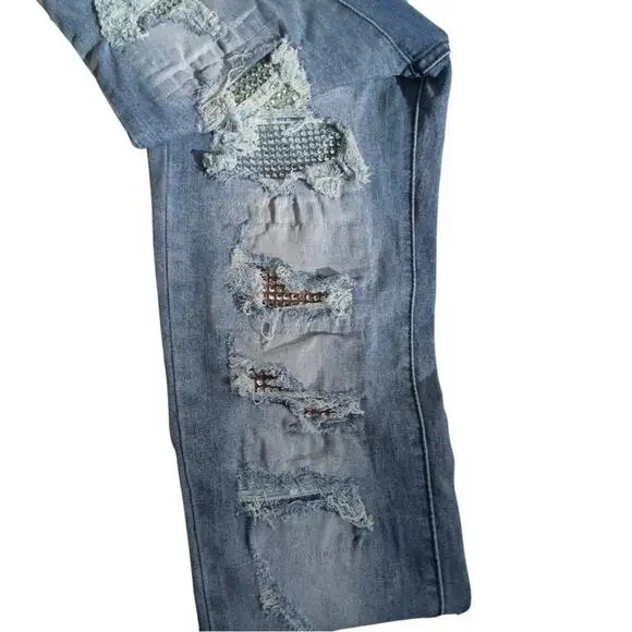Blue Topic Rhinestone Studded Patch Distressed Denim Jeans Y2K Style - Size 9/10 - Picture 3 of 16